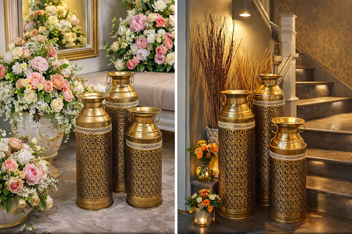 Manufacturer, Exporter, Importer, Supplier, Wholesaler, Retailer, Trader of Vintage Brass Milk Can Floor Vase Set in New Delhi, Delhi, India.